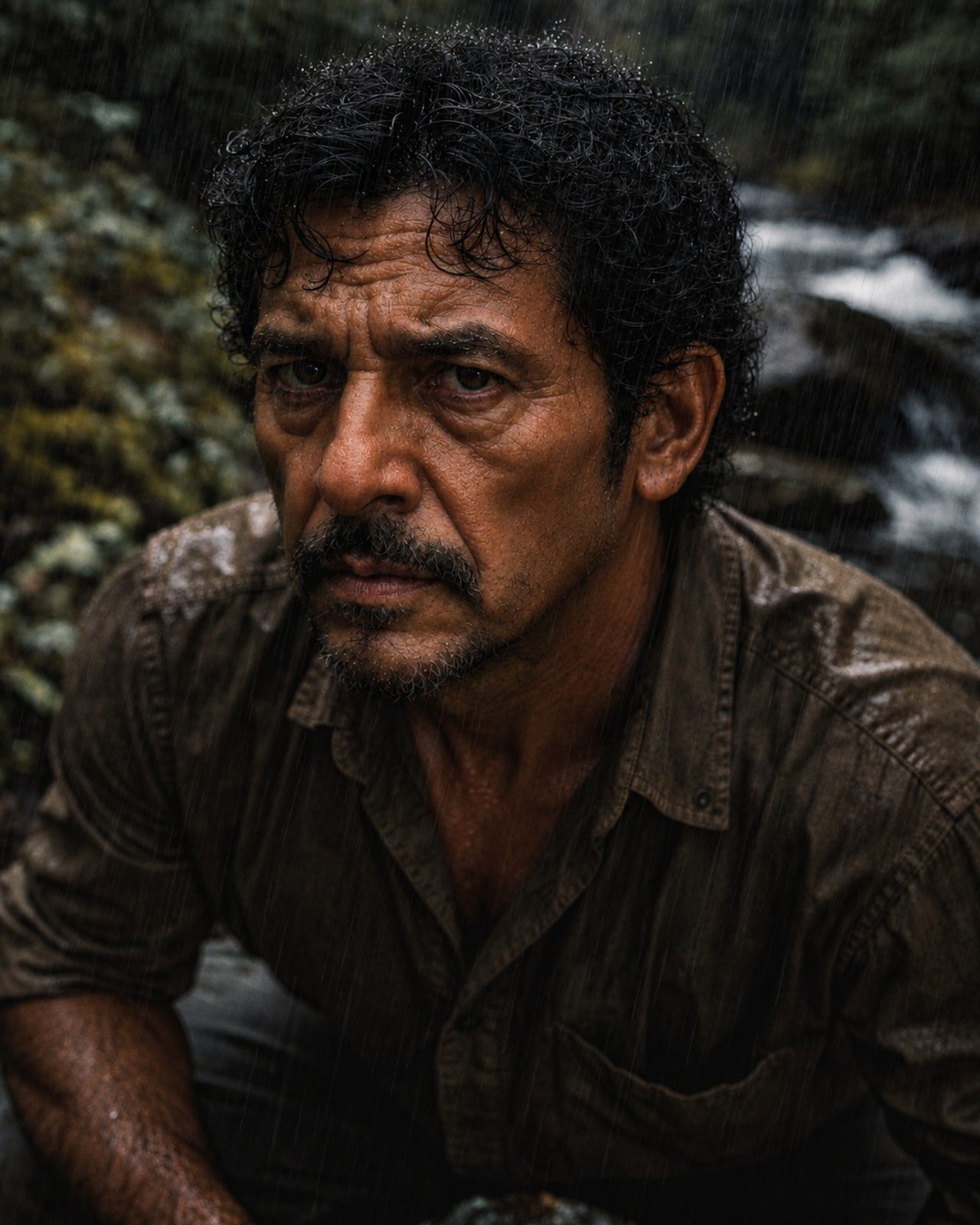 In a tight rain-soaked portrait, Walt looks ahead with a guarded, exhausted stare.