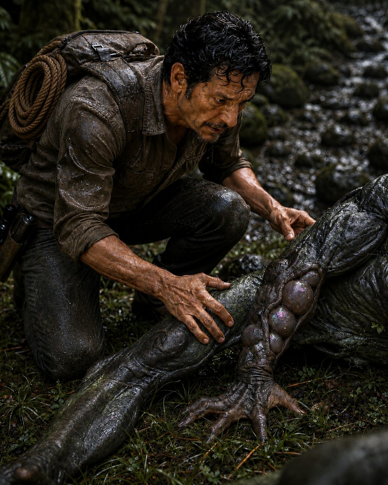 Walt remains kneeling beside the resting adult alien, one hand on its lower leg and the other hovering near its covered torso; a single rope coil is now secured to his backpack.