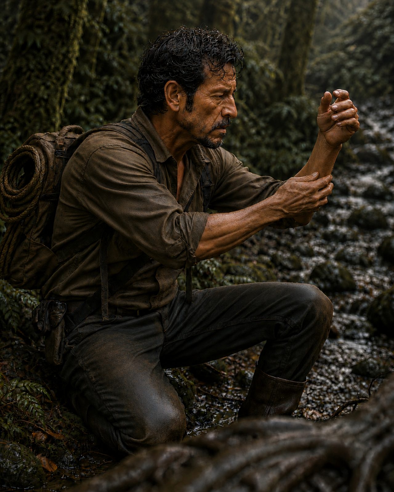 Kneeling beside the creek, Walt raises one bare forearm and examines it while the other hand supports it.