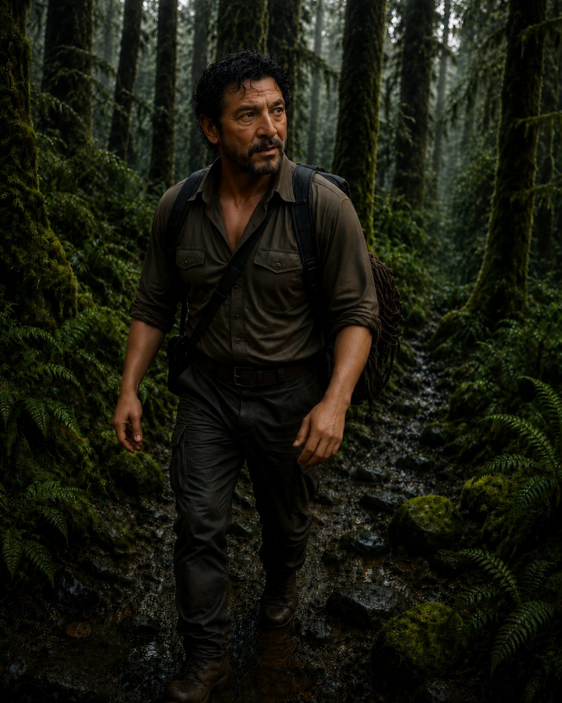 Walt walks through the creek bed, turning his weathered face toward something beyond the trees.