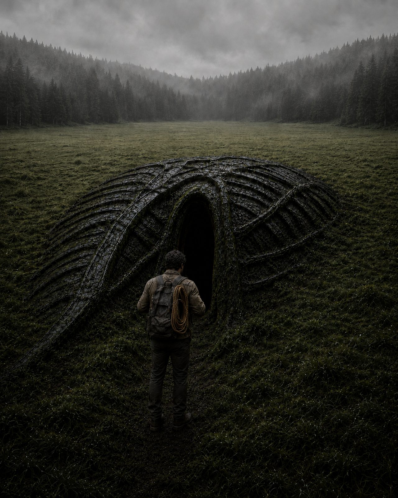 Walt stands before the dark entrance of the immense embedded shell in the meadow.