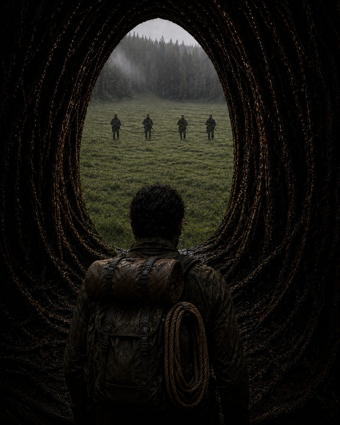 From inside the organic doorway, Walt faces four armed agents spread across the wet football-field meadow, with the forest standing only at the distant perimeter.