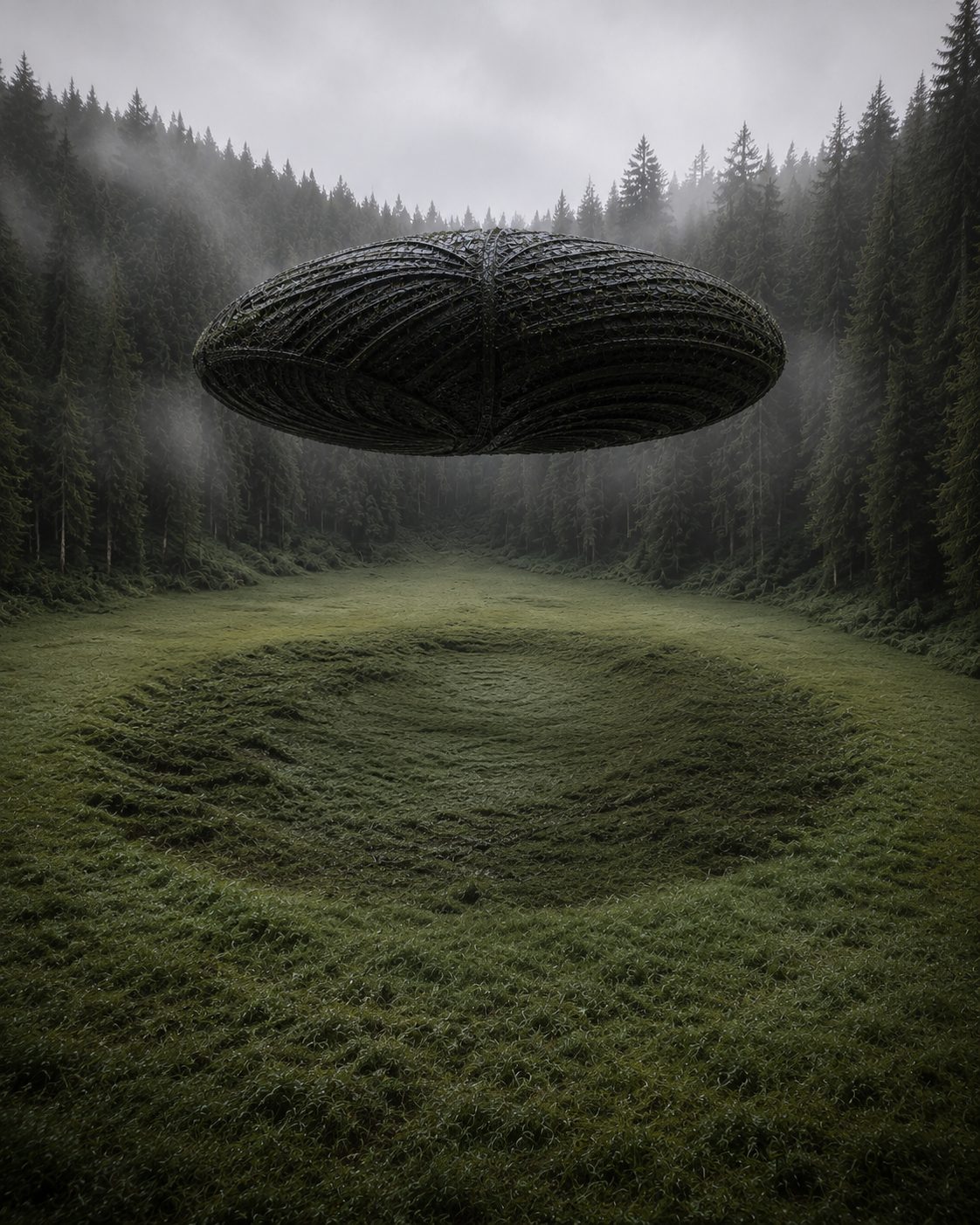The enormous closed organic ship rises silently a short distance above the center of the football-field meadow while flattened grass lifts slowly into the empty shape beneath it.